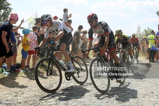 Christopher Froome of Great Britain and Team Sky / Oliviero Troia of Italy and UAE Team Emirates / Cysoing À Bourghelles Cobbles Sector 4 / Pave /...