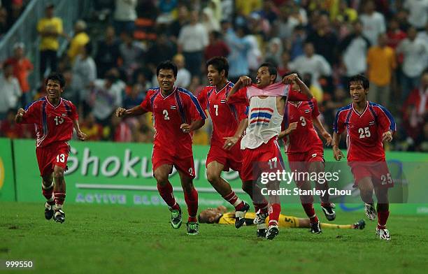 Thailand Team celebrates after scoring a goal during the Final match between Malaysia and Thailand held at the Shah Alam Stadium, Selangor, Malaysia...