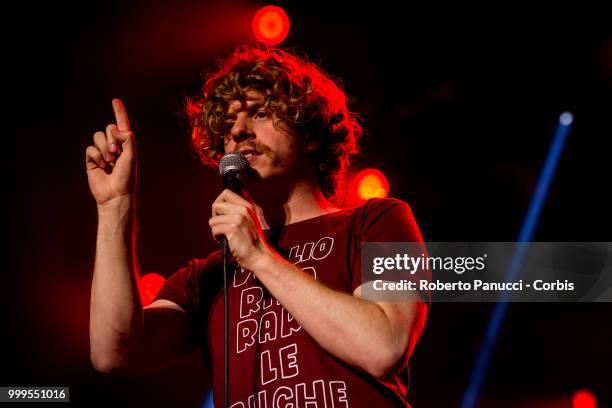 Lodovico Guenzi and his group Lo Stato Sociale performs on stage on July 14, 2018 in Rome, Italy.