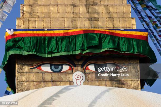 eyes of buddha, boudhanath stupa, boudhanath, unesc world heritage site, kathmandu, nepal - laub stockfoto's en -beelden