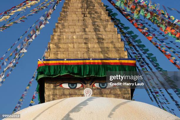 eyes of buddha, boudhanath stupa, boudhanath, unesc world heritage site, kathmandu, nepal - laub stockfoto's en -beelden