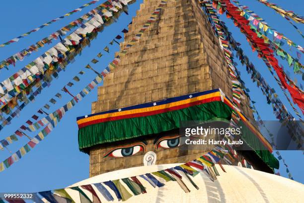 eyes of buddha, boudhanath stupa, boudhanath, unesc world heritage site, kathmandu, nepal - laub stockfoto's en -beelden
