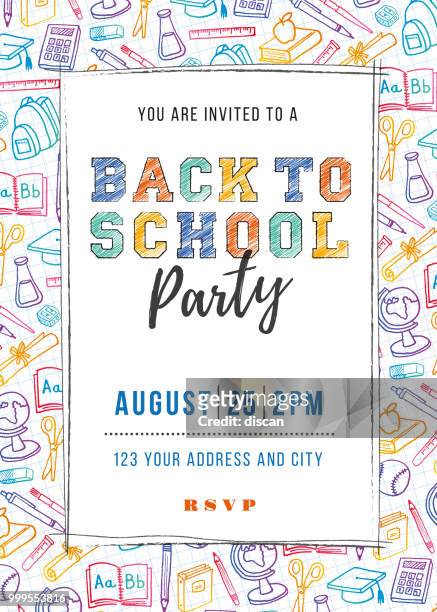 back to school party invitation template - flyer leaflet stock illustrations