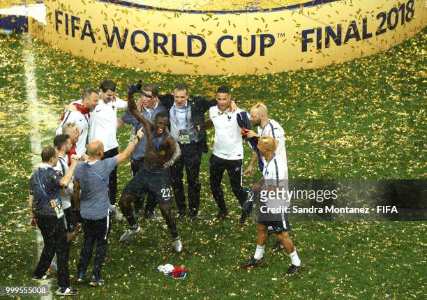 Benjamin Mendy of France celebrates victory following the 2018 FIFA World Cup Final between France and Croatia at Luzhniki Stadium on July 15, 2018...