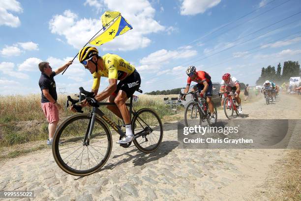 Greg Van Avermaet of Belgium and BMC Racing Team Yellow Leader Jersey /Vincenzo Nibali of Italy and Bahrain Merida Pro Team / John Degenkolb of...