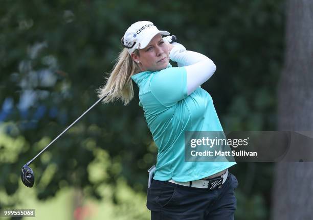 Brittany Lincicome watches her tee shot on the third hole during the final round of the Marathon Classic Presented By Owens Corning And O-I at...