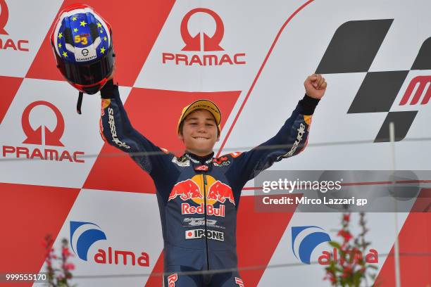 Deniz Oncu of Turkie celebrates the second place on the podium at the end of the RookiesCup race during the MotoGp of Germany - Race at Sachsenring...