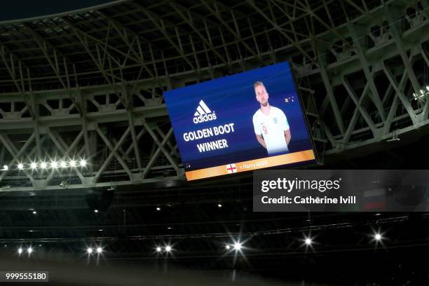 Harry Kane is shown as the golden boot winner on the big screen in the stadium following the 2018 FIFA World Cup Final between France and Croatia at...