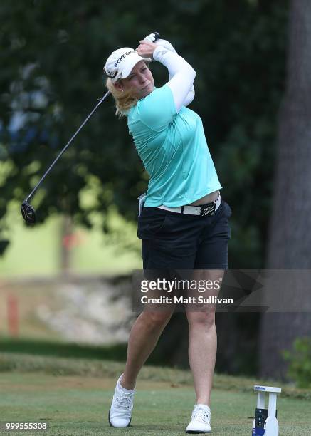 Brittany Lincicome watches her tee shot on the third hole during the final round of the Marathon Classic Presented By Owens Corning And O-I at...