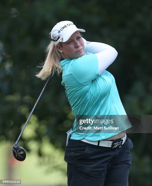 Brittany Lincicome watches her tee shot on the third hole during the final round of the Marathon Classic Presented By Owens Corning And O-I at...