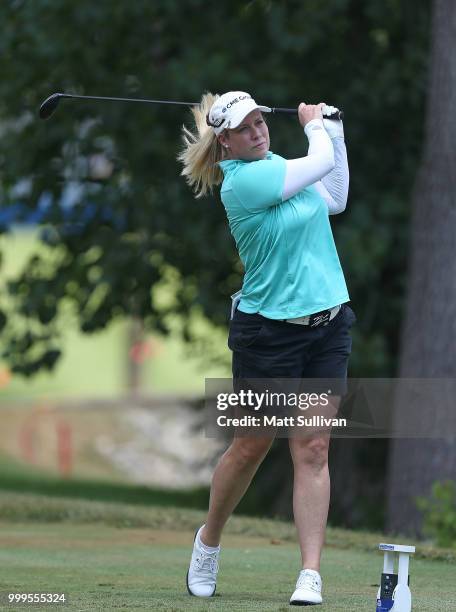 Brittany Lincicome watches her tee shot on the third hole during the final round of the Marathon Classic Presented By Owens Corning And O-I at...