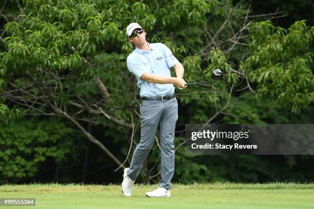 David Hearn of Canada hits his tee shot on the second hole during the final round of the John Deere Classic at TPC Deere Run on July 15, 2018 in...