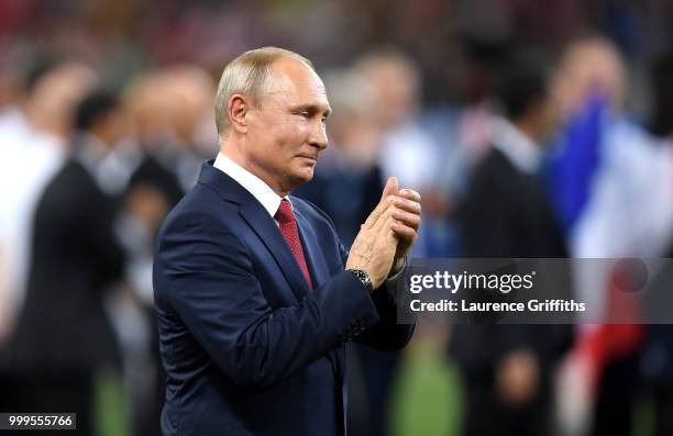 Vladimir Putin, President of the Russian Federation reacts following the 2018 FIFA World Cup Final between France and Croatia at Luzhniki Stadium on...