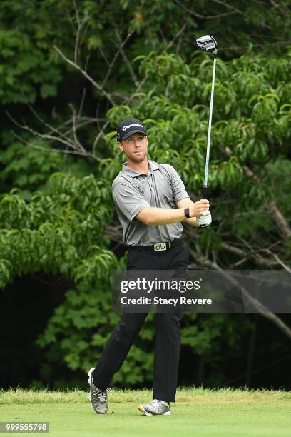 Tyler Duncan hits his tee shot on the second hole during the final round of the John Deere Classic at TPC Deere Run on July 15, 2018 in Silvis,...