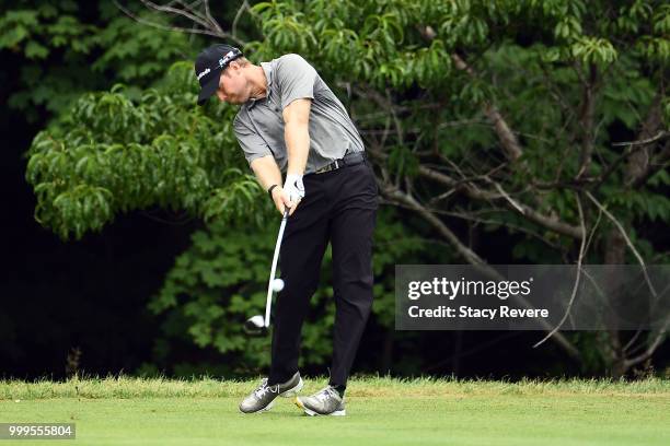 Tyler Duncan hits his tee shot on the second hole during the final round of the John Deere Classic at TPC Deere Run on July 15, 2018 in Silvis,...