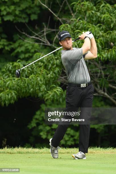 Tyler Duncan hits his tee shot on the second hole during the final round of the John Deere Classic at TPC Deere Run on July 15, 2018 in Silvis,...