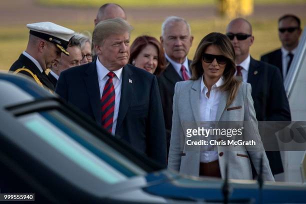 President Donald Trump and first lady, Melania Trump arrive at Helsinki International Airport on July 15, 2018 in Helsinki, Finland. President Trump...