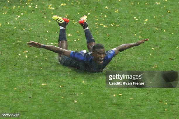 Paul Pogba of France celebrates victory following the 2018 FIFA World Cup Final between France and Croatia at Luzhniki Stadium on July 15, 2018 in...