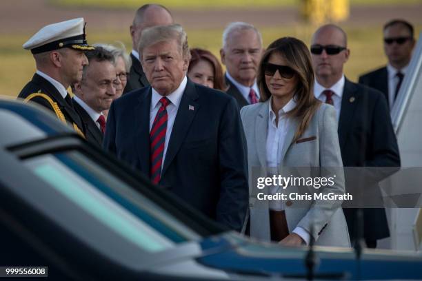 President Donald Trump and first lady, Melania Trump arrive at Helsinki International Airport on July 15, 2018 in Helsinki, Finland. President Trump...