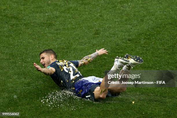 Lucas Hernandez of France celebrates victory during the 2018 FIFA World Cup Final between France and Croatia at Luzhniki Stadium on July 15, 2018 in...