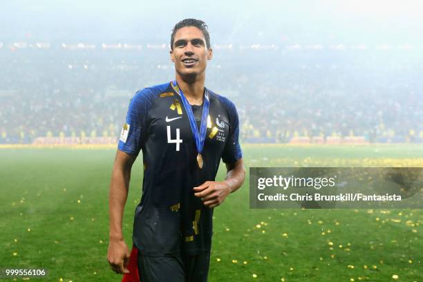 Raphael Varane of France celebrates victory after the 2018 FIFA World Cup Russia Final between France and Croatia at Luzhniki Stadium on July 15,...