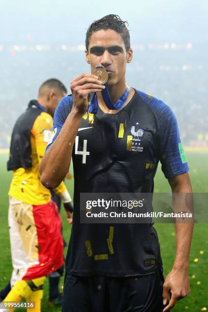 Raphael Varane of France celebrates victory after the 2018 FIFA World Cup Russia Final between France and Croatia at Luzhniki Stadium on July 15,...