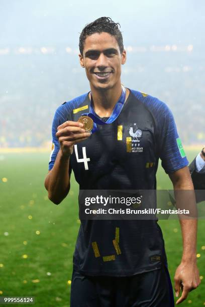 Raphael Varane of France celebrates victory after the 2018 FIFA World Cup Russia Final between France and Croatia at Luzhniki Stadium on July 15,...