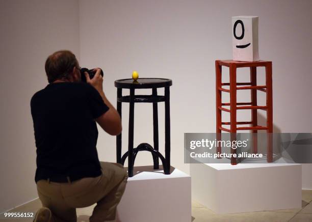 The sculpture "Monsieur et Madame" of Joan Miró can be seen in the exhibition "Miró - World of Monsters" at the Max Ernst Museum in Brueh, Germany,...