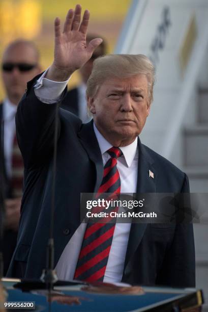 President Donald Trump arrives at Helsinki International Airport on July 15, 2018 in Helsinki, Finland. President Trump arrived in Helsinki for talks...