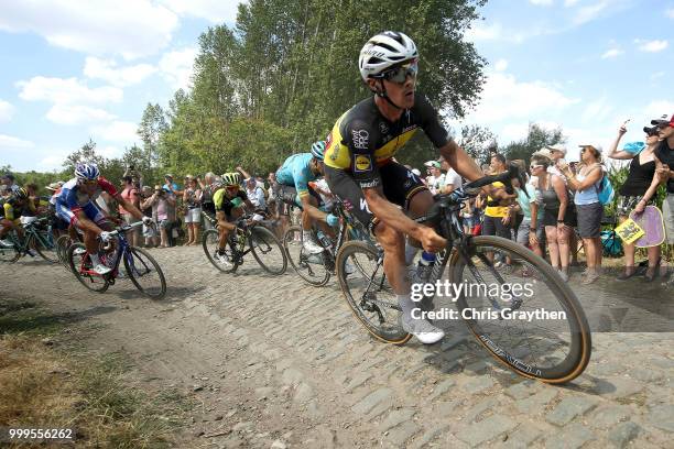 Yves Lampaert of Belgium and Team Quick-Step Floors / Adam Yates of Great Britain and Team Mitchelton-Scott / ont Thibault a Ennevelin Cobbles Sector...