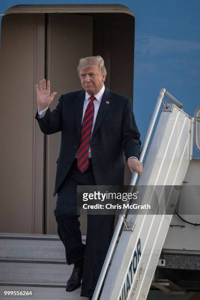 President Donald Trump arrives aboard Air Force One at Helsinki International Airport on July 15, 2018 in Helsinki, Finland. President Trump arrived...