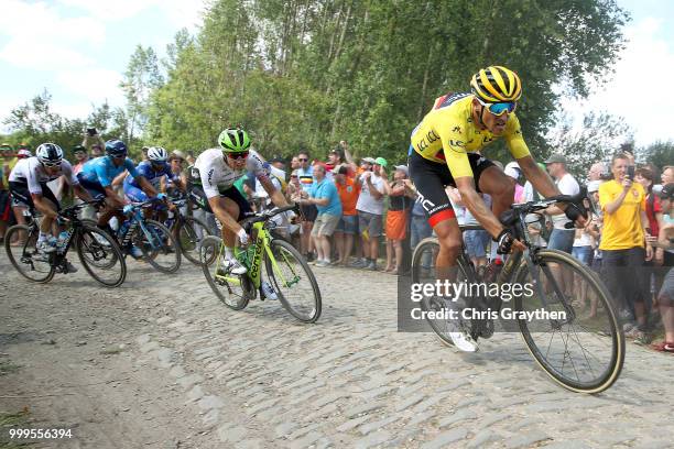 Greg Van Avermaet of Belgium and BMC Racing Team Yellow Leader Jersey /Edvald Boasson Hagen of Norway and Team Dimension Data / ont Thibault a...