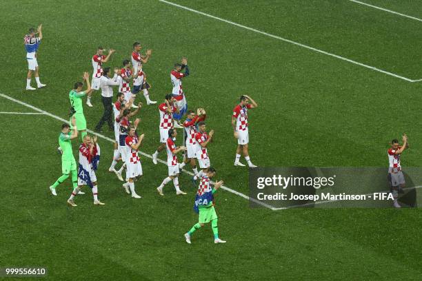 Croatia players applaud fans following defeat during the 2018 FIFA World Cup Final between France and Croatia at Luzhniki Stadium on July 15, 2018 in...