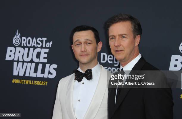 Actors Joseph Gordon-Levitt and Edward Norton arrive for the Comedy Central Roast Of Bruce Willis held at Hollywood Palladium on July 14, 2018 in Los...