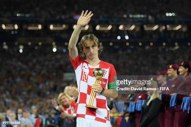 Luka Modric of Croatia pose with the adidas Golden Ball award following the 2018 FIFA World Cup Final between France and Croatia at Luzhniki Stadium...