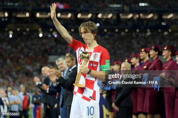 Luka Modric of Croatia pose with the adidas Golden Ball award following the 2018 FIFA World Cup Final between France and Croatia at Luzhniki Stadium...