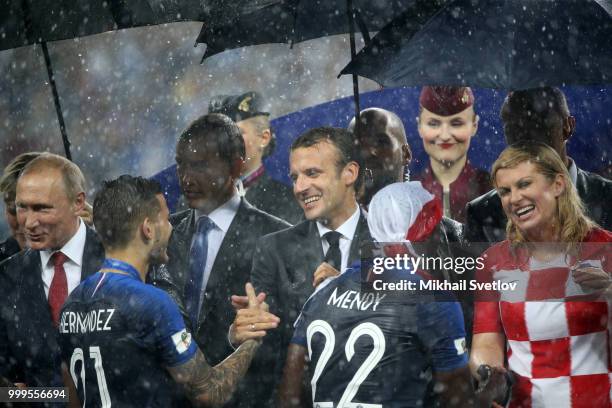 Russian President Vladimir Putin, French President Emmanuel Macron, Croatian President Kolinda Grabar-Kitarovic attend the 2018 FIFA World Cup final...