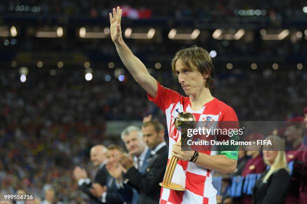 Luka Modric of Croatia pose with the adidas Golden Ball award following the 2018 FIFA World Cup Final between France and Croatia at Luzhniki Stadium...