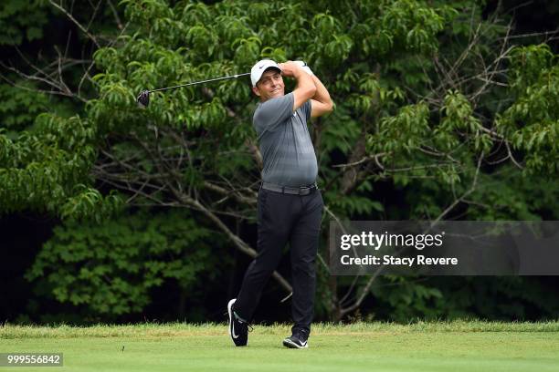 Francesco Molinari of Italy hits his tee shot on the second hole during the final round of the John Deere Classic at TPC Deere Run on July 15, 2018...