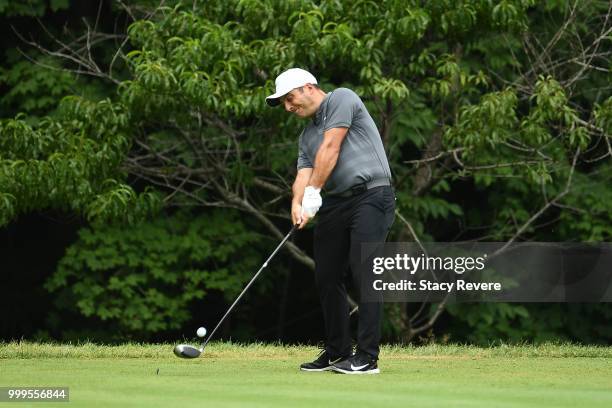 Francesco Molinari of Italy hits his tee shot on the second hole during the final round of the John Deere Classic at TPC Deere Run on July 15, 2018...