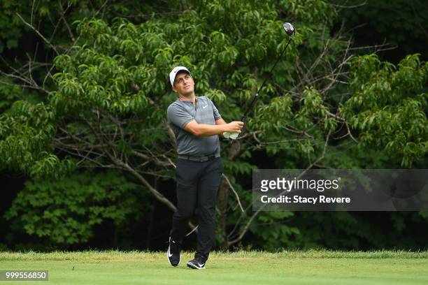Francesco Molinari of Italy hits his tee shot on the second hole during the final round of the John Deere Classic at TPC Deere Run on July 15, 2018...