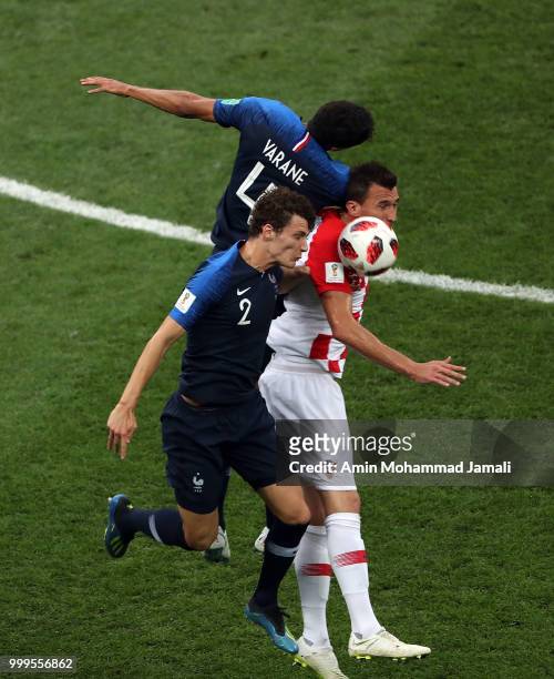 Benjamin Pavard of France heads the ball during the 2018 FIFA World Cup Russia Final between France and Croatia at Luzhniki Stadium on July 15, 2018...