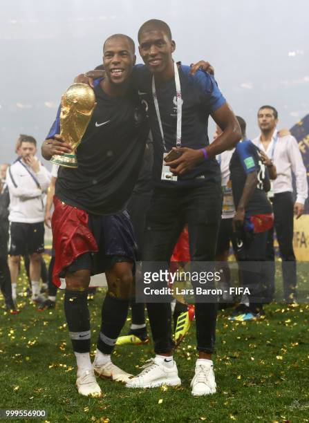 Djibril Sidibe of France celebrates victory folowing the 2018 FIFA World Cup Final between France and Croatia at Luzhniki Stadium on July 15, 2018 in...