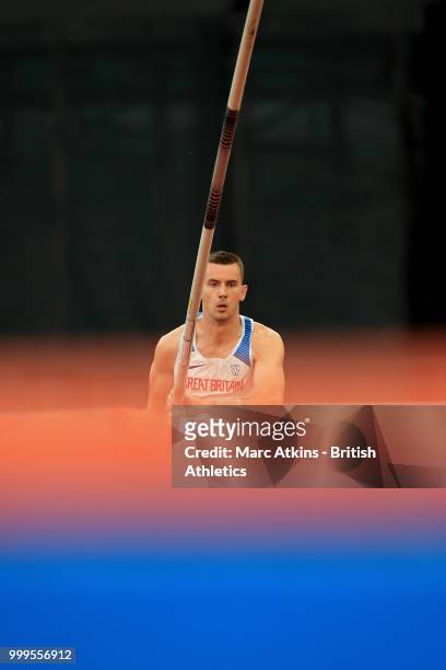 Charlie Myers of Great Britain competes in the Men's Pole Vault during day two of the Athletics World Cup London at the London Stadium on July 15,...