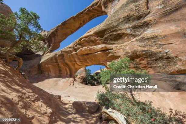 double o arch, natural arch, arches national park, moab, utah, united states - double arch foto e immagini stock