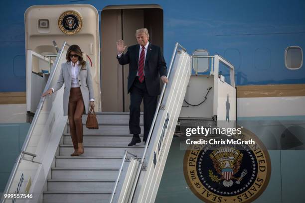 President Donald Trump and first lady, Melania Trump arrive aboard Air Force One at Helsinki International Airport on July 15, 2018 in Helsinki,...