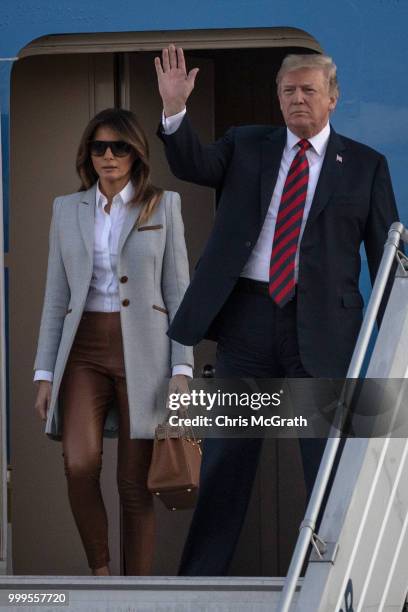 President Donald Trump and first lady, Melania Trump arrive aboard Air Force One at Helsinki International Airport on July 15, 2018 in Helsinki,...