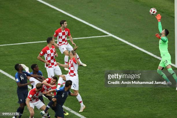 Mario Mandzukic of Croatia scores an own goal past teammate Danijel Subasic during the 2018 FIFA World Cup Russia Final between France and Croatia at...