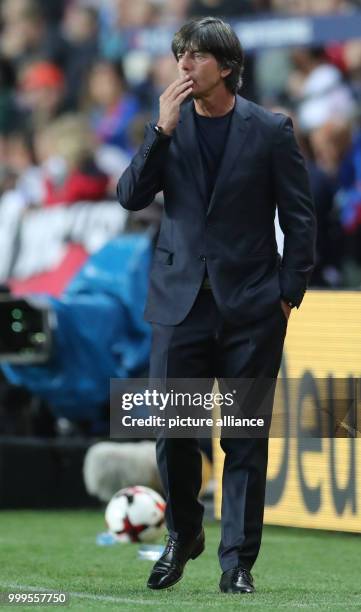 Germany's head coach Joachim Loew seen at the sidelines during the soccer World Cup qualification group stage match between the Czech Republic and...