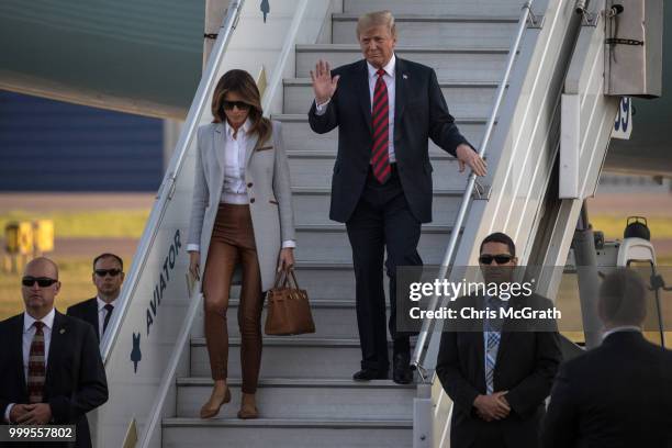 President Donald Trump and first lady, Melania Trump arrive aboard Air Force One at Helsinki International Airport on July 15, 2018 in Helsinki,...